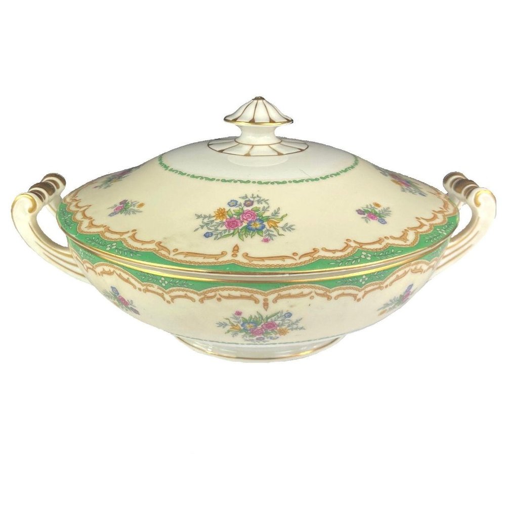 MZ Altrohlau Czechoslovakia China Round Vegetable Bowl ALT235 Green Gold Floral